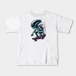 Skate into the Unknown: Whimsical Alien Skateboard Art Prints for an Otherworldly Ride! Kids T-Shirt